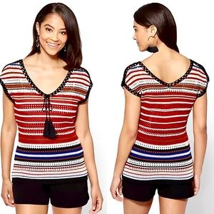 7th Avenue New York & Company Red/White/Blac Crochet V-Neck - Stripe Top Size XS